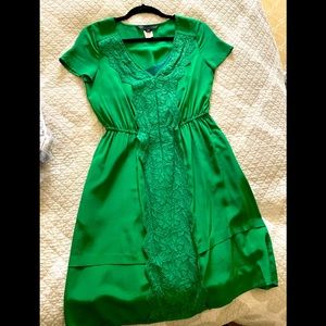 Emerald green silk dress, lined.
